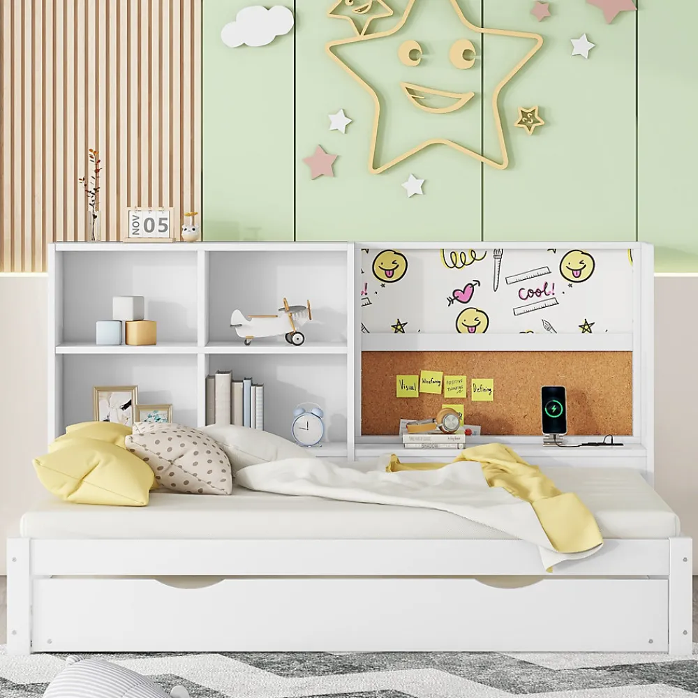 Lit Gigogne 90 x 200 cm - Lit enfant avec Port de Chargement USB et Rangement - Bois de Pin + MDF - Sans Matelas - Blanc>Okwish Clearance