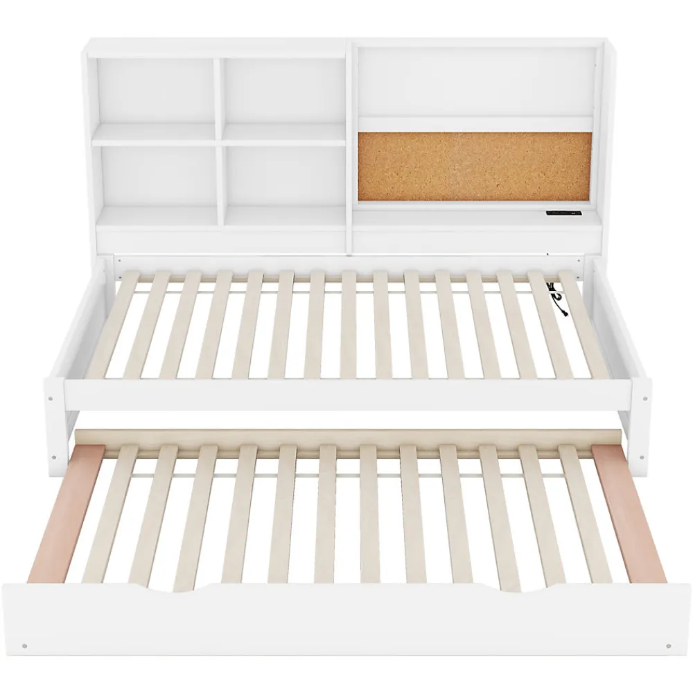 Lit Gigogne 90 x 200 cm - Lit enfant avec Port de Chargement USB et Rangement - Bois de Pin + MDF - Sans Matelas - Blanc>Okwish Clearance