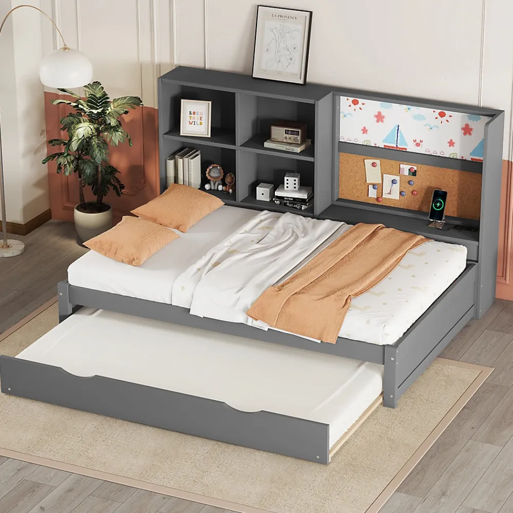 Lit Gigogne 90 x 200 cm - Lit enfant avec Port de Chargement USB et Rangement - Bois de Pin + MDF - Sans Matelas - Gris>Okwish Clearance