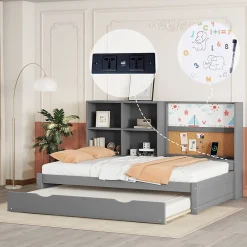 Lit Gigogne 90 x 200 cm - Lit enfant avec Port de Chargement USB et Rangement - Bois de Pin + MDF - Sans Matelas - Gris><noscript><img width=