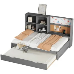 Lit Gigogne 90 x 200 cm - Lit enfant avec Port de Chargement USB et Rangement - Bois de Pin + MDF - Sans Matelas - Gris><noscript><img width=