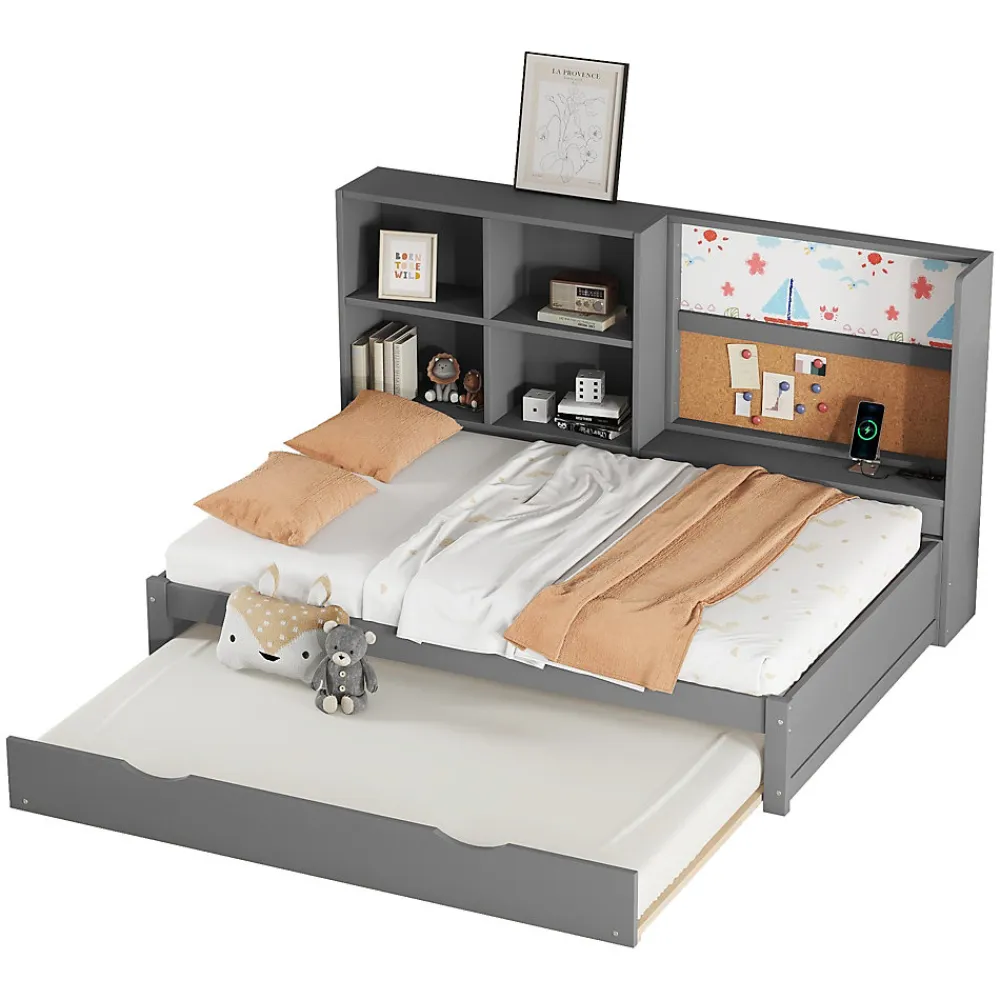 Lit Gigogne 90 x 200 cm - Lit enfant avec Port de Chargement USB et Rangement - Bois de Pin + MDF - Sans Matelas - Gris>Okwish Clearance