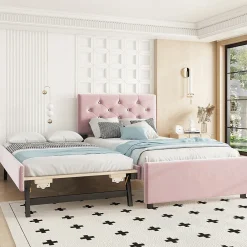 Okwish Lit Gigogne 90 x 200 cm - Lit Simple Rembourré avec Roulettes - Velours - Sans Matelas - Rose* Lit Gigogne