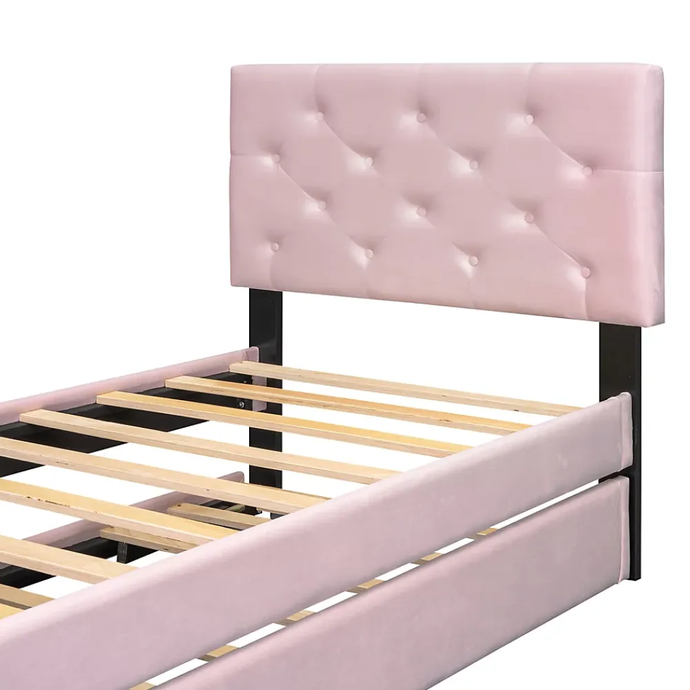 Okwish Lit Gigogne 90 x 200 cm - Lit Simple Rembourré avec Roulettes - Velours - Sans Matelas - Rose* Lit Gigogne