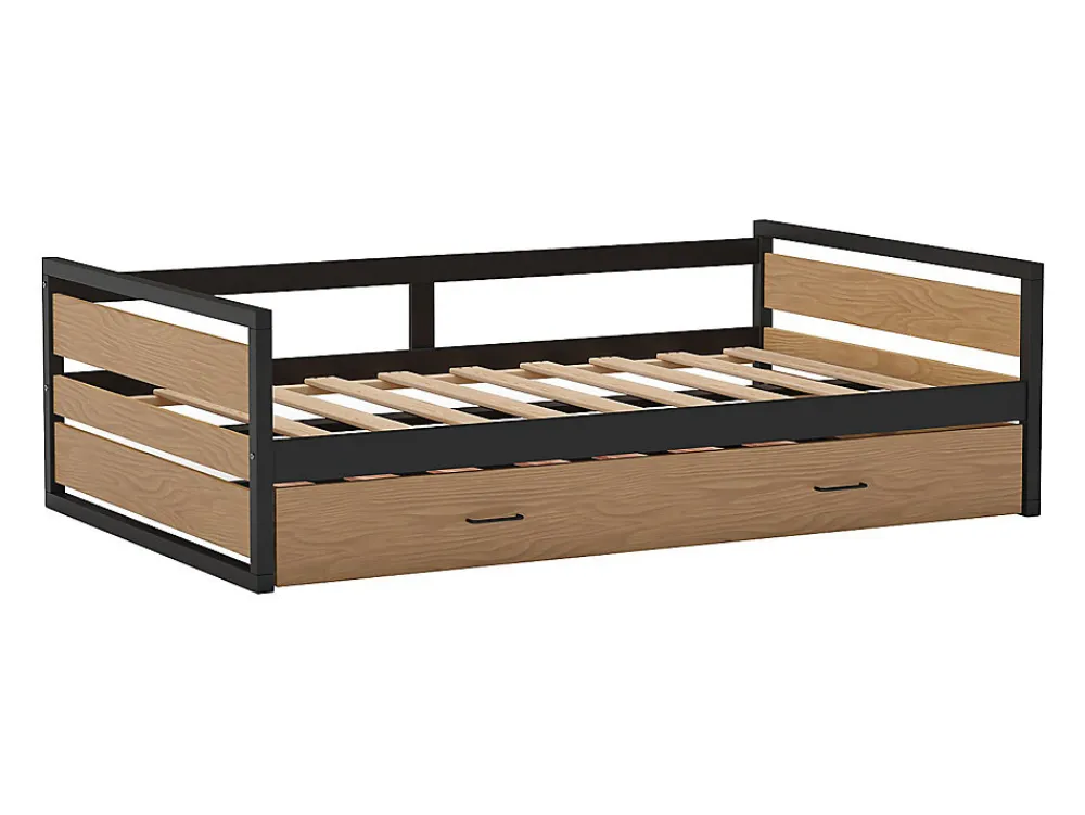 Lit gigogne 120 x 200 et 90 x 200 cm - MDF, Pin et métal - Naturel et anthracite + Matelas - BOSTON>Vente-unique Discount
