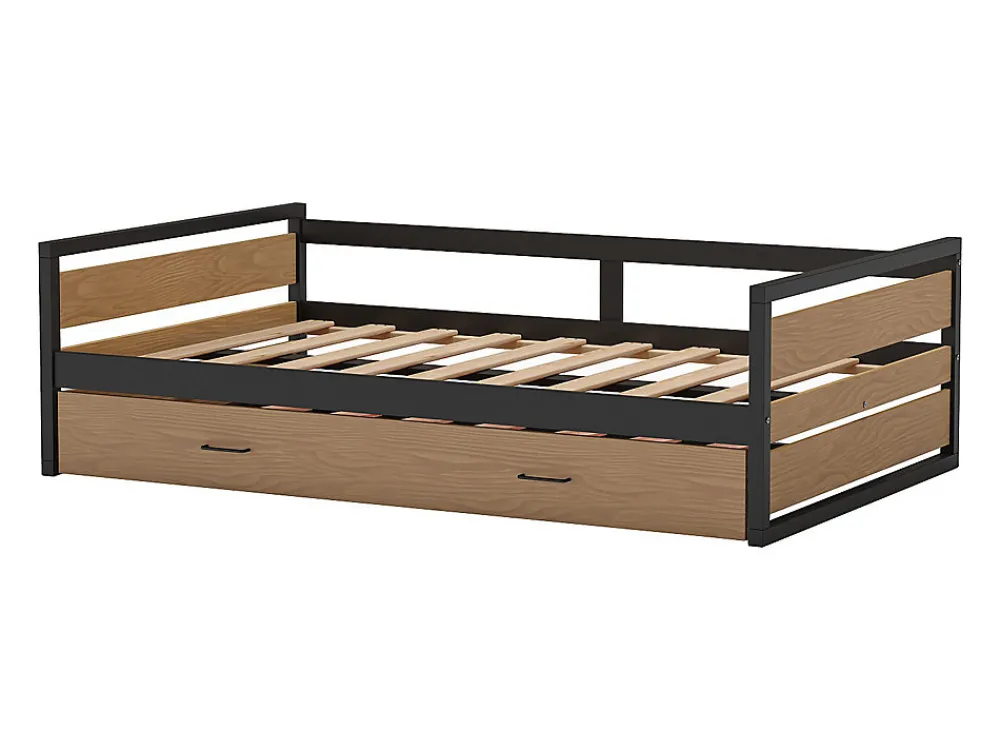 Lit gigogne 120 x 200 et 90 x 200 cm - MDF, Pin et métal - Naturel et anthracite + Matelas - BOSTON>Vente-unique Discount