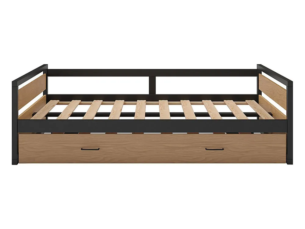 Lit gigogne 120 x 200 et 90 x 200 cm - MDF, Pin et métal - Naturel et anthracite + Matelas - BOSTON>Vente-unique Discount
