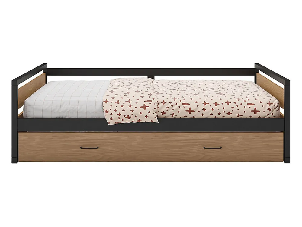 Lit gigogne 120 x 200 et 90 x 200 cm - MDF, Pin et métal - Naturel et anthracite + Matelas - BOSTON>Vente-unique Discount