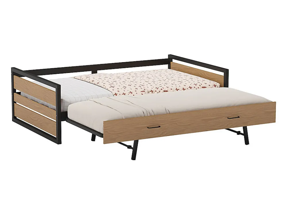Lit gigogne 120 x 200 et 90 x 200 cm - MDF, Pin et métal - Naturel et anthracite + Matelas - BOSTON>Vente-unique Discount