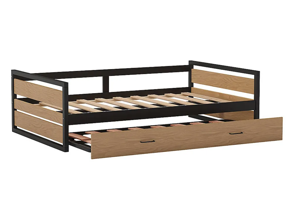 Lit gigogne 120 x 200 et 90 x 200 cm - MDF, Pin et métal - Naturel et anthracite + Matelas - BOSTON>Vente-unique Discount