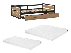 Lit gigogne 120 x 200 et 90 x 200 cm - MDF, Pin et métal - Naturel et anthracite + Matelas - BOSTON><noscript><img width=