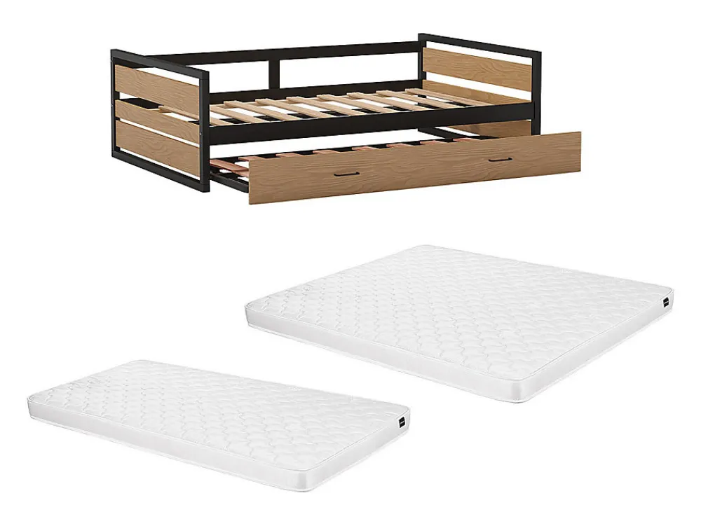 Lit gigogne 120 x 200 et 90 x 200 cm - MDF, Pin et métal - Naturel et anthracite + Matelas - BOSTON>Vente-unique Discount