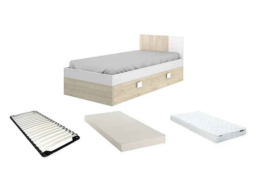 Vente-unique Lit gigogne 2 x 90 x 190 cm - Coloris : Naturel et blanc + matelas + sommier - SONIA*Enfant Lit Enfant
