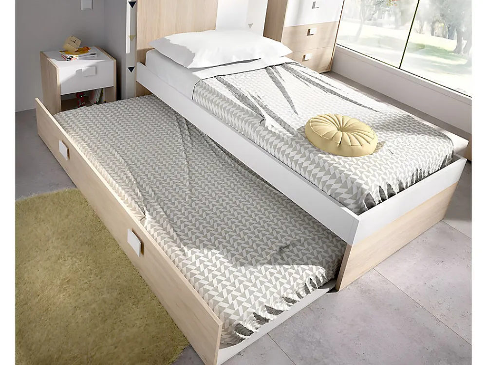 Vente-unique Lit gigogne 2 x 90 x 190 cm - Coloris : Naturel et blanc + matelas + sommier - SONIA*Enfant Lit Enfant