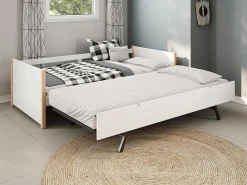 Lit gigogne 2 x 90 x 190 cm - MDF, pin et métal - Blanc et naturel - MAREKI><noscript><img width=