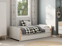 Lit gigogne 2 x 90 x 190 cm - MDF, pin et métal - Blanc et naturel - MAREKI><noscript><img width=