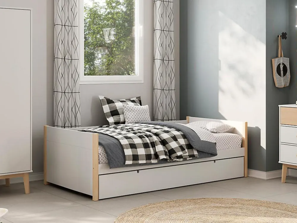 Lit gigogne 2 x 90 x 190 cm - MDF, pin et métal - Blanc et naturel - MAREKI>Vente-unique Best