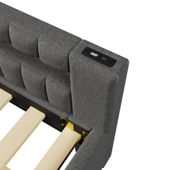 Okwish Lit Gigogne Ado 140x200 cm - avec Sommier Coulissant, Bande LED et Ports USB Type-C, Matériaux Lin et MDF, sans Matelas, Gris* Lit Gigogne