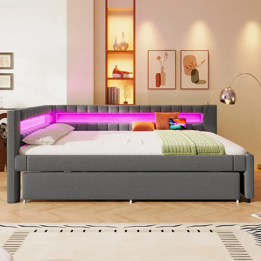 Okwish Lit Gigogne Ado 140x200 cm - avec Sommier Coulissant, Bande LED et Ports USB Type-C, Matériaux Lin et MDF, sans Matelas, Gris* Lit Gigogne