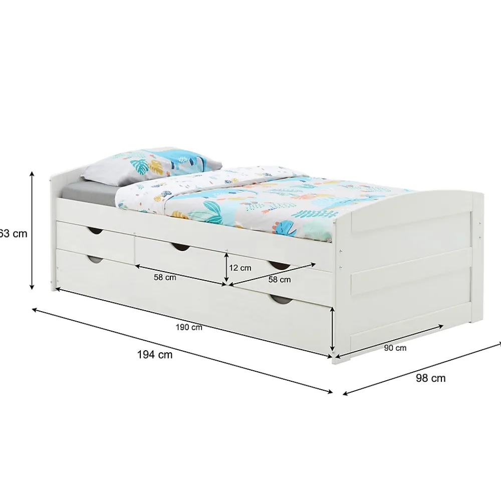 Idimex Lit gigogne avec rangements JESSY, 90 x 190 cm en pin massif lasuré blanc* Lit Gigogne