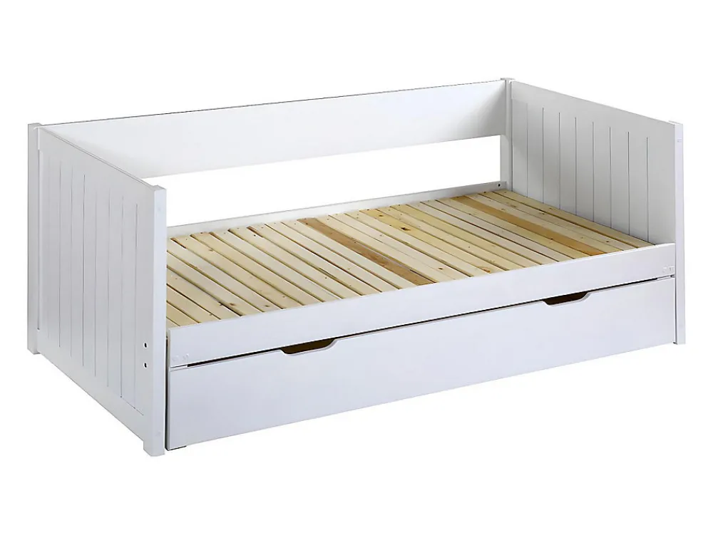 Lit gigogne banquette 90 x 190 ou 174 x 190 cm - Avec sommier peigne et tiroir - Pin et MDF - Blanc - ALFIERO II>Vente-unique Outlet