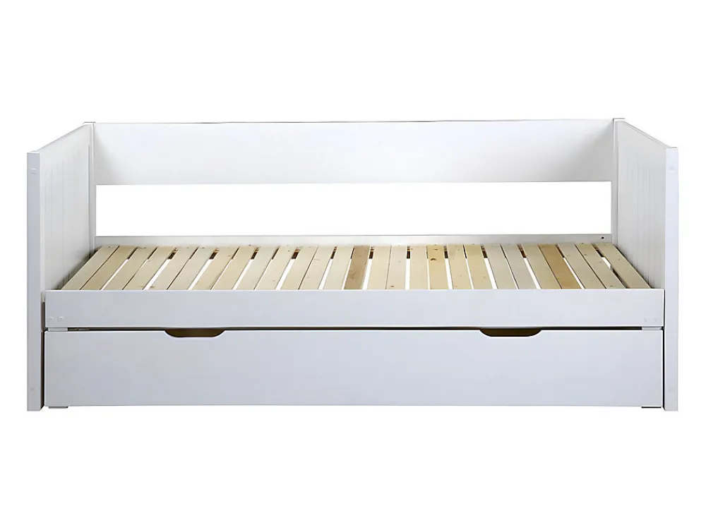 Lit gigogne banquette 90 x 190 ou 174 x 190 cm - Avec sommier peigne et tiroir - Pin et MDF - Blanc - ALFIERO II>Vente-unique Outlet