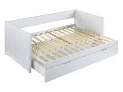 Lit gigogne banquette 90 x 190 ou 174 x 190 cm - Avec sommier peigne et tiroir - Pin et MDF - Blanc - ALFIERO II><noscript><img width=