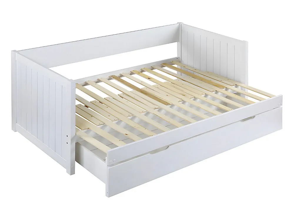 Lit gigogne banquette 90 x 190 ou 174 x 190 cm - Avec sommier peigne et tiroir - Pin et MDF - Blanc - ALFIERO II>Vente-unique Outlet