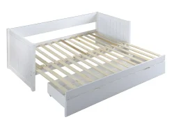 Lit gigogne banquette 90 x 190 ou 174 x 190 cm - Avec sommier peigne et tiroir - Pin et MDF - Blanc - ALFIERO II><noscript><img width=