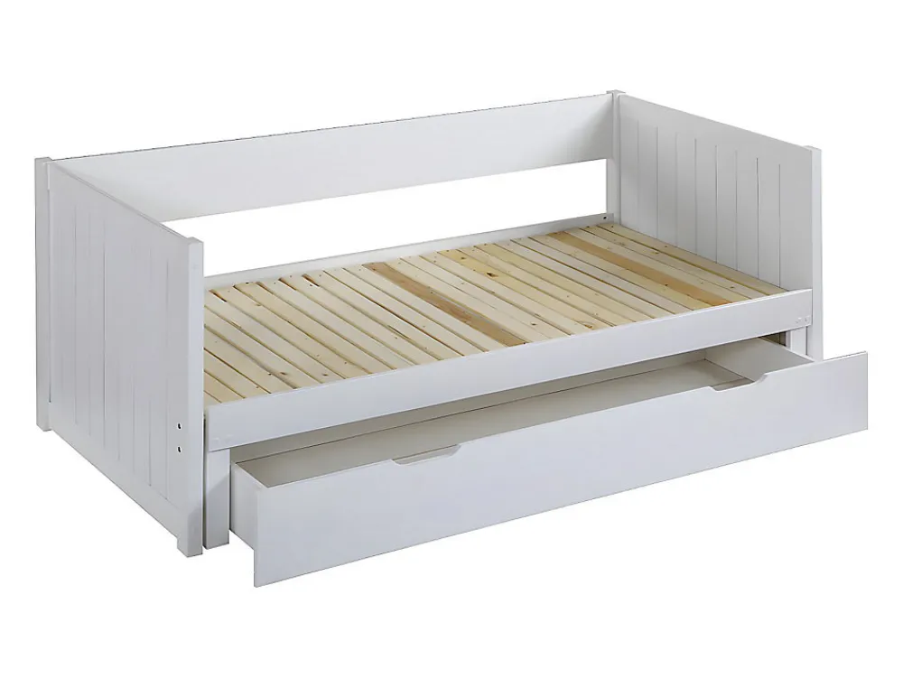 Lit gigogne banquette 90 x 190 ou 174 x 190 cm - Avec sommier peigne et tiroir - Pin et MDF - Blanc - ALFIERO II>Vente-unique Outlet