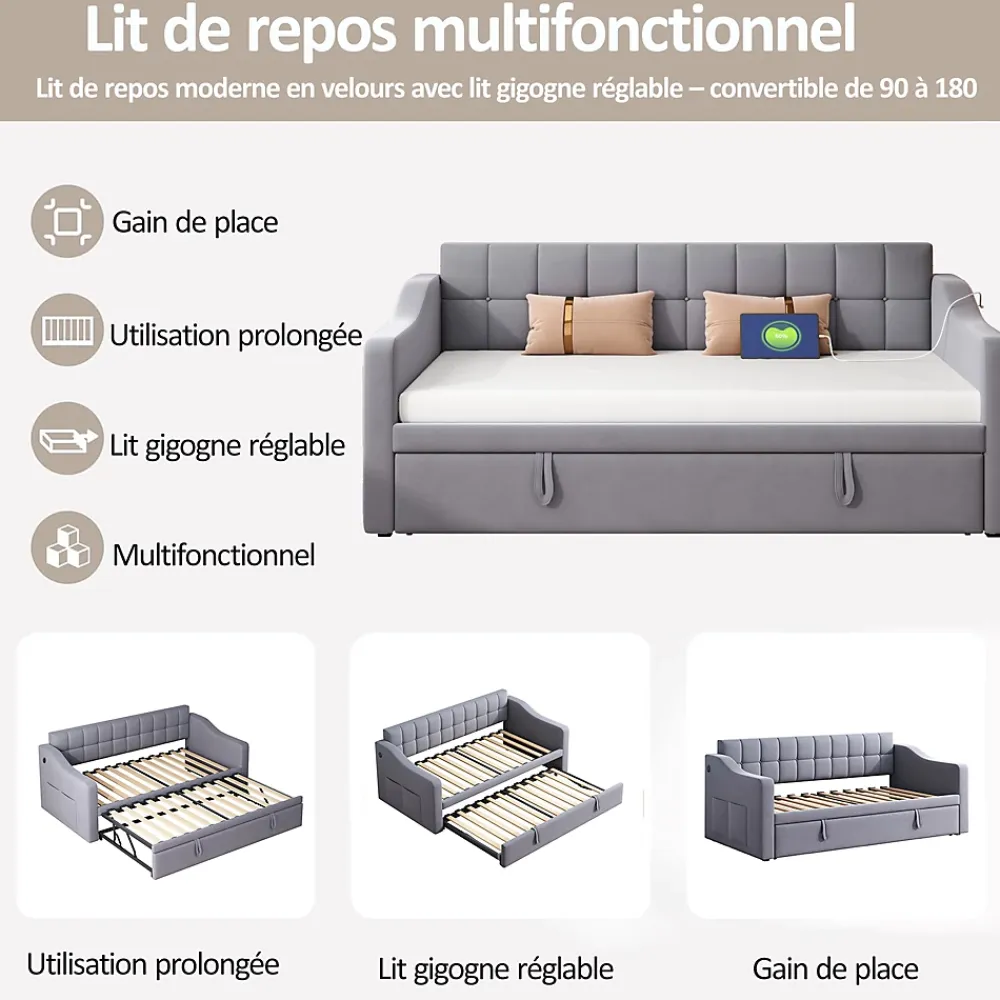 Okwish Lit Gigogne Capitonné 2-en-1 90/180x190 cm avec Rangement et Prise USB, Lit Convertible en Velours, Gris* Lit Gigogne