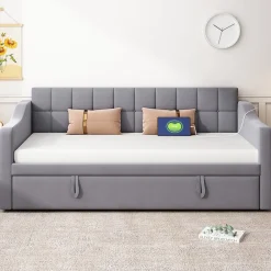 Okwish Lit Gigogne Capitonné 2-en-1 90/180x190 cm avec Rangement et Prise USB, Lit Convertible en Velours, Gris* Lit Gigogne