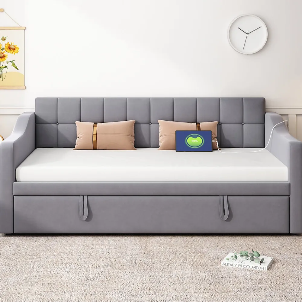 Okwish Lit Gigogne Capitonné 2-en-1 90/180x190 cm avec Rangement et Prise USB, Lit Convertible en Velours, Gris* Lit Gigogne