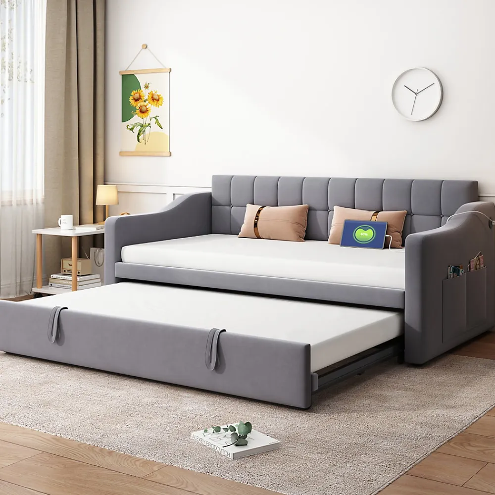 Okwish Lit Gigogne Capitonné 2-en-1 90/180x190 cm avec Rangement et Prise USB, Lit Convertible en Velours, Gris* Lit Gigogne