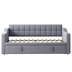 Okwish Lit Gigogne Capitonné 2-en-1 90/180x190 cm avec Rangement et Prise USB, Lit Convertible en Velours, Gris* Lit Gigogne