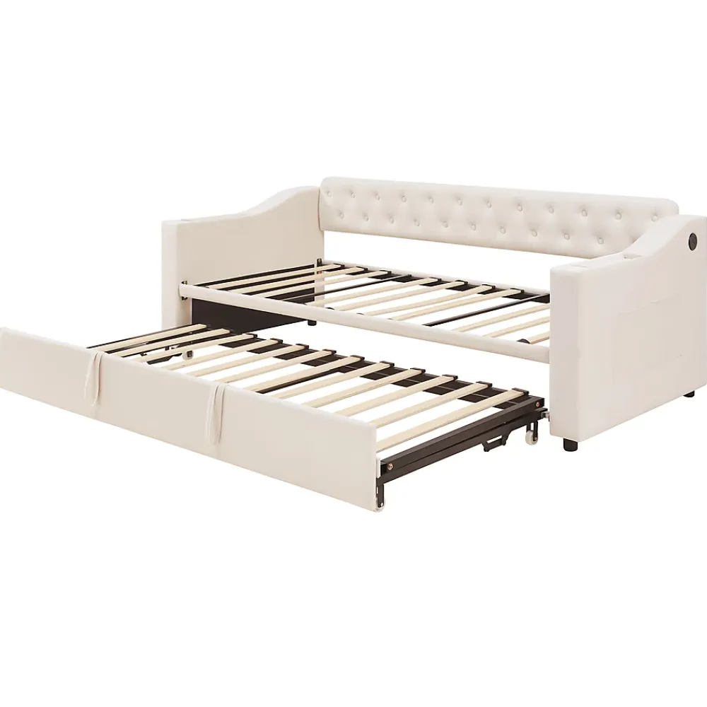Okwish Lit Gigogne Capitonné 90x190 cm en Velours avec Rangement et Prise USB, Lit Multifonction Convertible 90/180 cm, Beige* Lit Gigogne