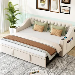 Okwish Lit Gigogne Capitonné 90x190 cm en Velours avec Rangement et Prise USB, Lit Multifonction Convertible 90/180 cm, Beige* Lit Gigogne