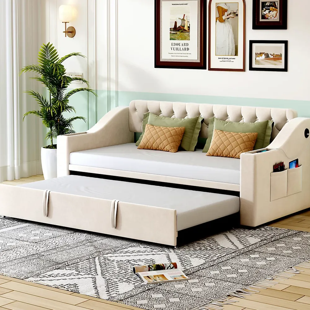 Okwish Lit Gigogne Capitonné 90x190 cm en Velours avec Rangement et Prise USB, Lit Multifonction Convertible 90/180 cm, Beige* Lit Gigogne