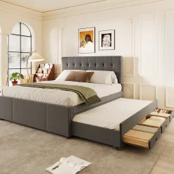 Lit Gigogne Double 140x200 cm - 3 Tiroirs de Rangement et Tête de Lit Réglable, Rembourré en Tissu Lin, sans Matelas, Gris>Okwish Online