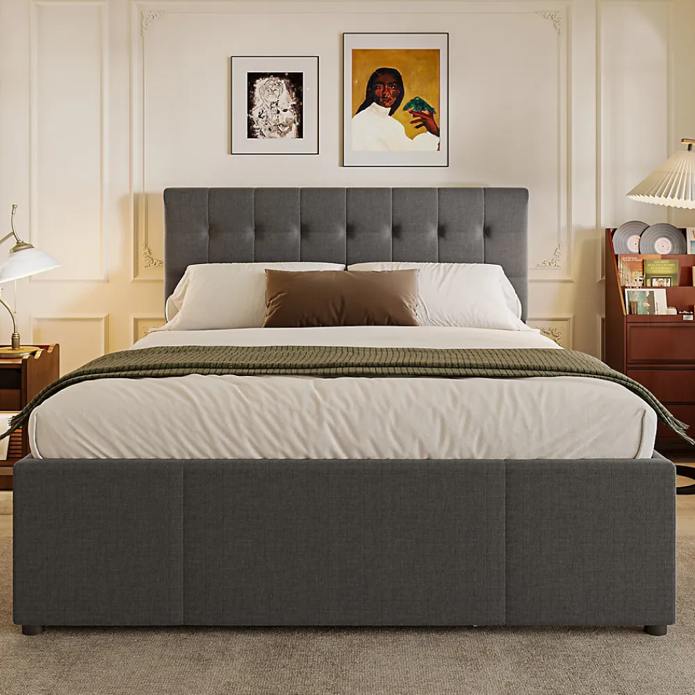 Lit Gigogne Double 140x200 cm - 3 Tiroirs de Rangement et Tête de Lit Réglable, Rembourré en Tissu Lin, sans Matelas, Gris>Okwish Online