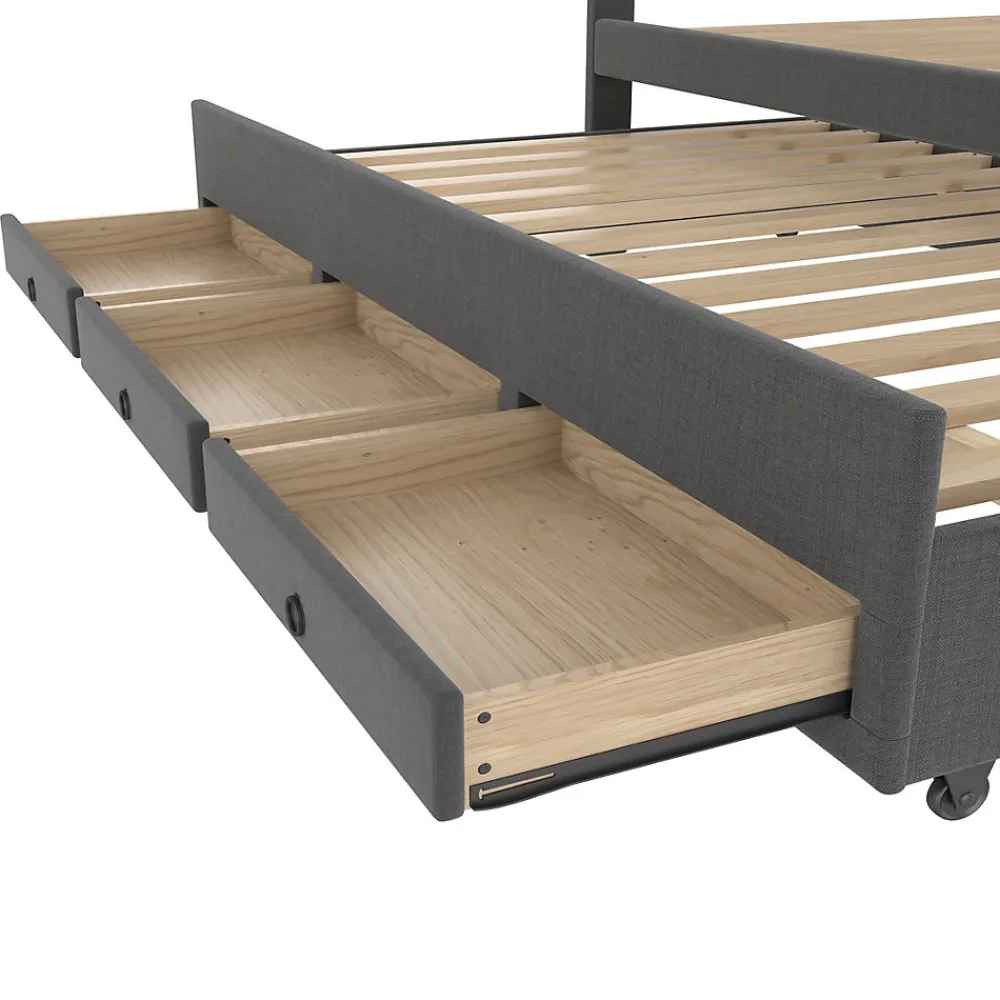 Lit Gigogne Double 140x200 cm - 3 Tiroirs de Rangement et Tête de Lit Réglable, Rembourré en Tissu Lin, sans Matelas, Gris>Okwish Online