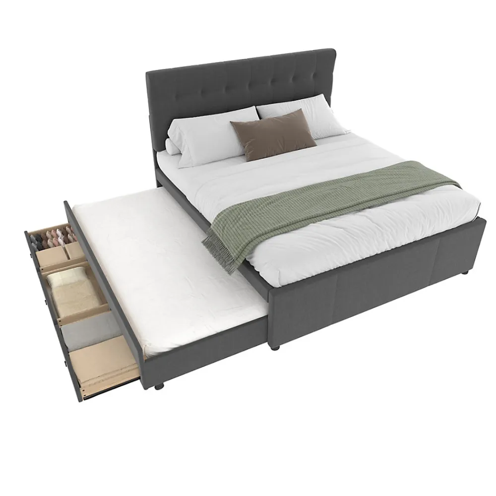 Lit Gigogne Double 140x200 cm - 3 Tiroirs de Rangement et Tête de Lit Réglable, Rembourré en Tissu Lin, sans Matelas, Gris>Okwish Online
