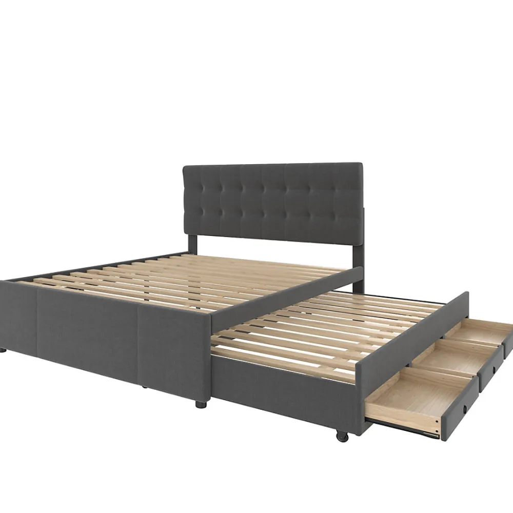 Lit Gigogne Double 140x200 cm - 3 Tiroirs de Rangement et Tête de Lit Réglable, Rembourré en Tissu Lin, sans Matelas, Gris>Okwish Online
