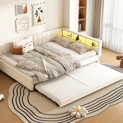 Okwish Lit Gigogne Double 140x200 cm - Ports USB Type-C et Éclairage LED d'Ambiance, Compartiment de Rangement, Lin, sans Matelas - Beige* Lit Gigogne