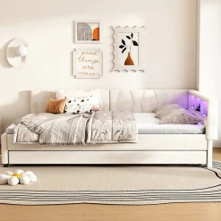 Okwish Lit Gigogne Double 140x200 cm - Ports USB Type-C et Éclairage LED d'Ambiance, Compartiment de Rangement, Lin, sans Matelas - Beige* Lit Gigogne