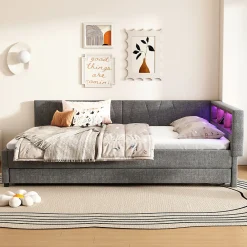 Lit Gigogne Double 140x200 cm - Ports USB Type-C et Éclairage LED d'Ambiance, Compartiment de Rangement, Lin - sans Matelas - Gris>Okwish Discount