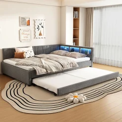 Lit Gigogne Double 140x200 cm - Ports USB Type-C et Éclairage LED d'Ambiance, Compartiment de Rangement, Lin - sans Matelas - Gris><noscript><img width=