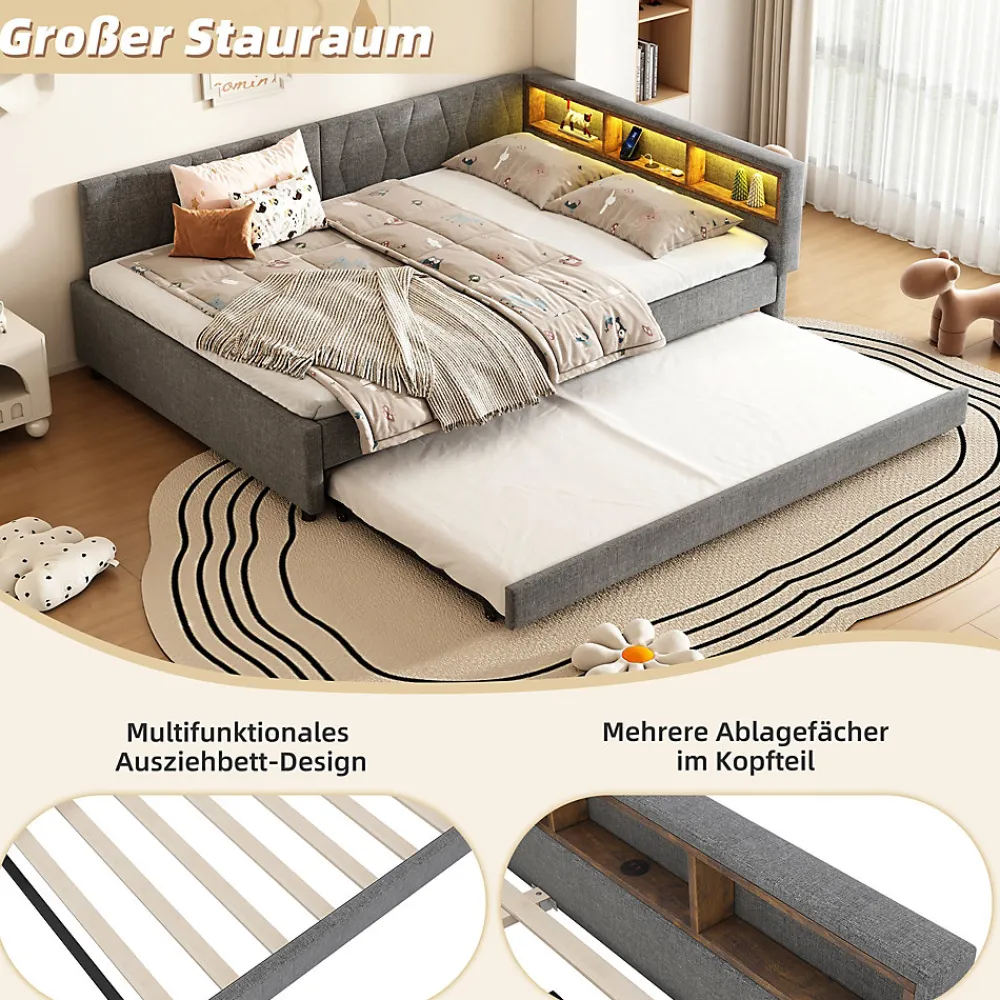 Lit Gigogne Double 140x200 cm - Ports USB Type-C et Éclairage LED d'Ambiance, Compartiment de Rangement, Lin - sans Matelas - Gris>Okwish Discount