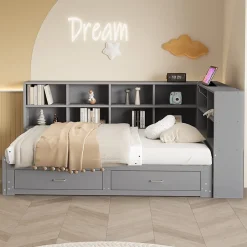 Lit Gigogne en Bois 90/180x190 cm - Lit Enfant avec Rangement, Tiroirs et Prise Électrique, Sommier à Lattes, Gris>Okwish Discount