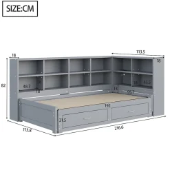 Lit Gigogne en Bois 90/180x190 cm - Lit Enfant avec Rangement, Tiroirs et Prise Électrique, Sommier à Lattes, Gris><noscript><img width=